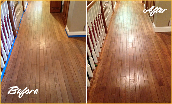 Before and After Picture of a Malverne Wood Sandless Refinishing Service on a Worn Out Floor