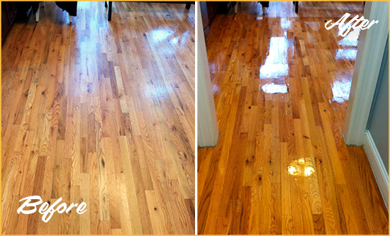 Before and After Picture of a Glen Cove Wood Sandless Refinishing Service on a Worn Out Hallway