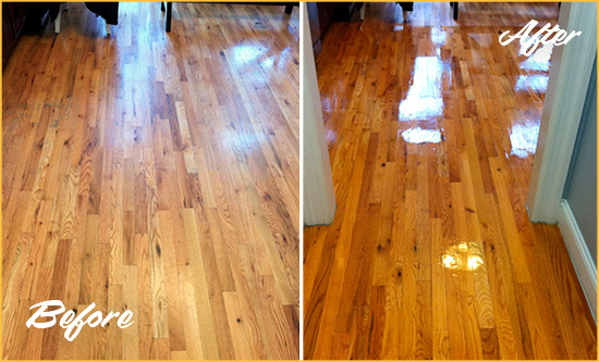 Before and After Picture of a Greenvale Wood Sandless Refinishing Service on a Worn Out Hallway