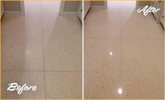 Before and After Picture of a Kings Point Granite Stone Floor Polished to Repair Dullness