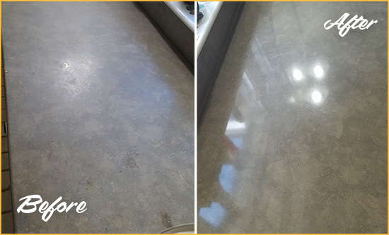Before and After Picture of a Dull Plainview Limestone Countertop Polished to Recover Its Color