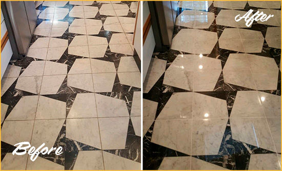Before and After Picture of a Dull Plainview Marble Stone Floor Polished To Recover Its Luster
