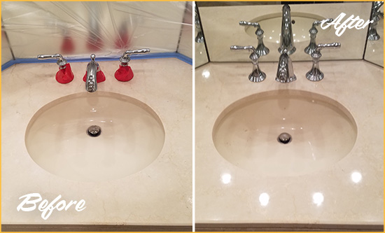 Before and After Picture of a Dull Plainview Marble Stone Vanity Top Polished to Bring-Back Its Sheen