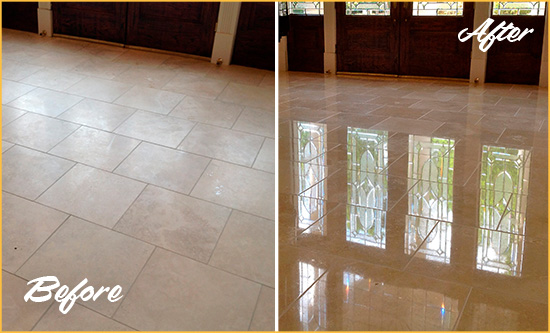 Before and After Picture of a Dull Greenvale Travertine Stone Floor Polished to Recover Its Gloss