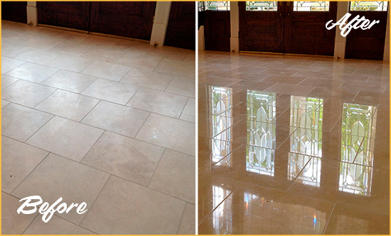 Before and After Picture of a Dull Plainview Travertine Stone Floor Polished to Recover Its Gloss