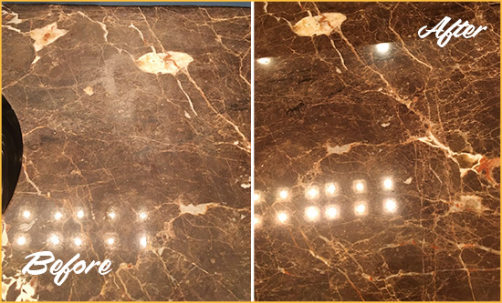 Before and After Picture of a Roslyn Marble Stone Countertop Polished to Eliminate Stains