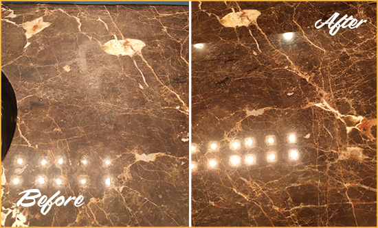 Before and After Picture of a Great Neck Estate Marble Stone Countertop Polished to Eliminate Stains