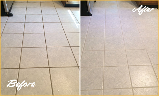 Before and After Picture of a Cove Neck Kitchen Ceramic Floor Sealed to Protect From Dirt and Spills