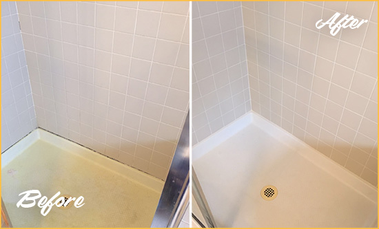 Before and After Picture of a Lynbrook Shower Sealed to Remove and Protect Against Mold