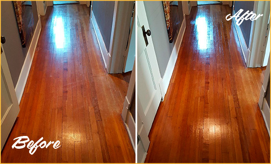 Before and After Picture of a Roosevelt Wood Sand Free Refinishing Service on a Floor to Eliminate Scratches