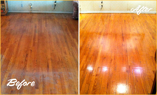 Before and After Picture of a Old Brookville Wood Sand Free Refinishing Service on a Stained Floor