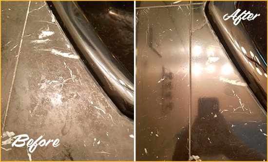 Before and After Picture of a Plainview Marble Countertop Cleaned to Remove Deep Dirt