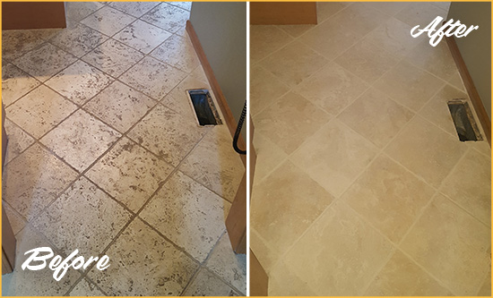 Before and After Picture of a Franklin Square Kitchen Marble Floor Cleaned to Remove Embedded Dirt