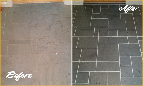Before and After Picture of a Plainview Slate Floor Cleaned to Remove Deep-Seated Dirt