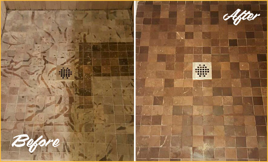 Before and After Picture of a Stained Rockville Centre Marble Shower Floor Cleaned to Remove Etching