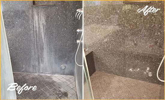 Before and After Picture of a Franklin Square Granite Shower Cleaned to Remove Mineral Deposits