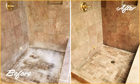 Before and After Picture of a Roslyn Estates Travertine Shower Cleaned to Eliminate Water Spots