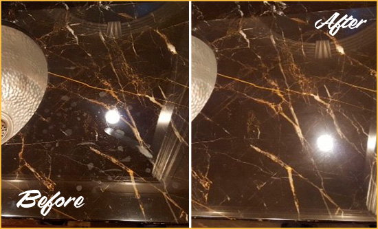 Before and After Picture of a Plainview Marble Countertop Cleaned to Remove Water Spots