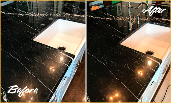 Before and After Picture of a Sands Point Marble Kitchen Countertop Stone Sealed to Avoid Water Damage