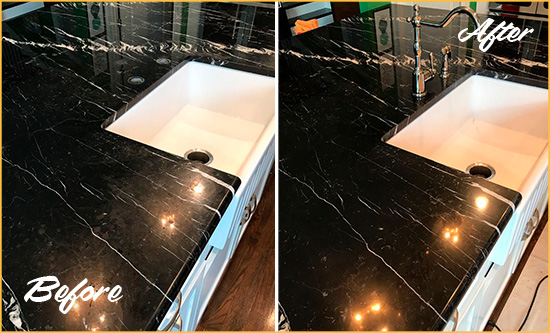 Before and After Picture of a Laurel Hollow Marble Kitchen Countertop Stone Sealed to Avoid Water Damage