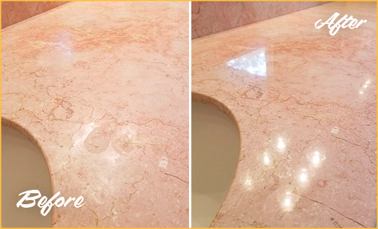 Before and After Picture of a Brookville Marble Stone Vanity Top Sealed to Avoid Water Marks