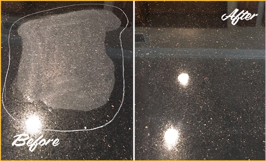 Before and After Picture of a Plainview Granite Kitchen Countertop Honed to Eliminate Scratch