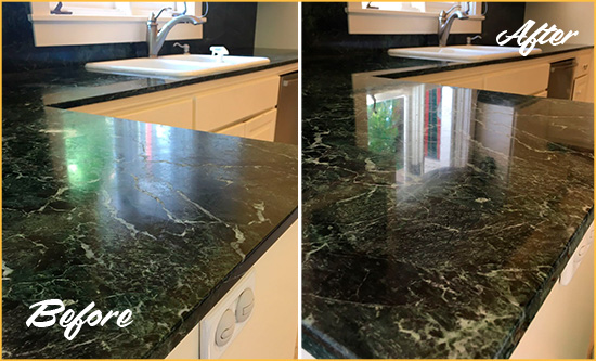 Before and After Picture of a Plainview Marble Kitchen Countertop Honed to Remove Water Marks