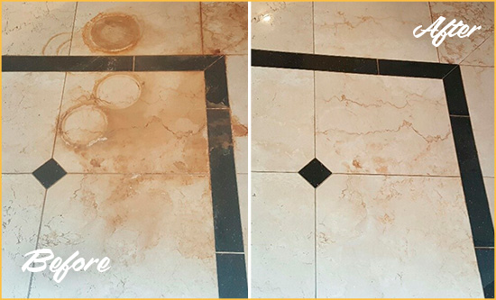 Before and After Picture of a Plainview Marble Floor Honed to Remove Rust Stains