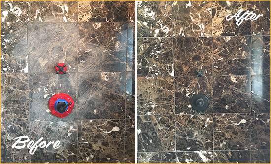 Before and After Picture of a Plainview Marble Shower Honed to Remove Scratches