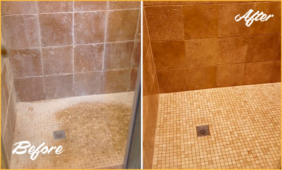 Before and After Picture of a Plainview Travertine Shower Honed to Remove Mineral Deposits