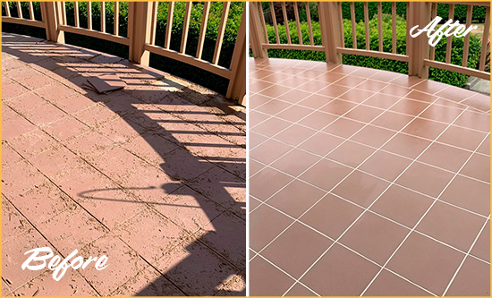 Before and After Picture of a Upper Brookville Hard Surface Restoration Service on a Tiled Deck