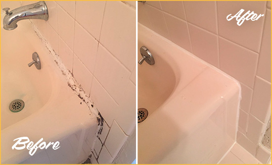 Before and After Picture of a Saddle Rock Hard Surface Restoration Service on a Tile Shower to Repair Damaged Caulking