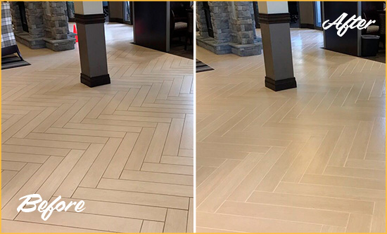 Before and After Picture of a Cove Neck Hard Surface Restoration Service on an Office Lobby Tile Floor to Remove Embedded Dirt