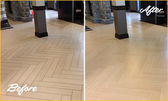 Before and After Picture of a Saddle Rock Hard Surface Restoration Service on an Office Lobby Tile Floor to Remove Embedded Dirt