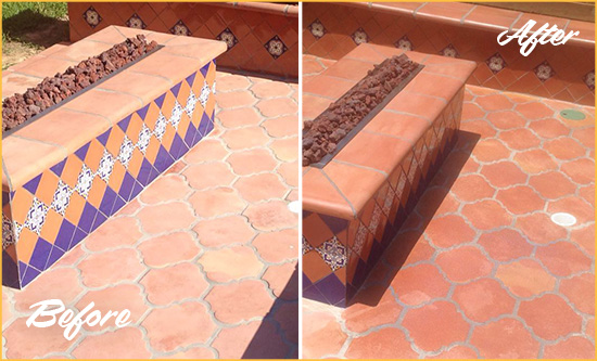Before and After Picture of a Roosevelt Hard Surface Restoration Service on a Dull Terracotta Patio Floor to Recover Its Color