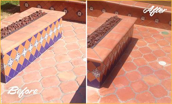 Before and After Picture of a Plainview Hard Surface Restoration Service on a Dull Terracotta Patio Floor to Recover Its Color