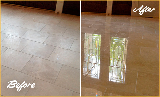Before and After Picture of a Old Brookville Hard Surface Restoration Service on a Dull Travertine Floor Polished to Recover Its Splendor