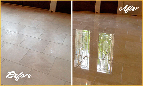 Before and After Picture of a Plainview Hard Surface Restoration Service on a Dull Travertine Floor Polished to Recover Its Splendor