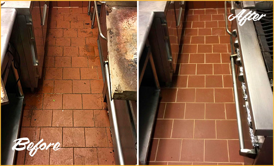 Before and After Picture of a Plainview Hard Surface Restoration Service on a Restaurant Kitchen Floor to Eliminate Soil and Grease Build-Up