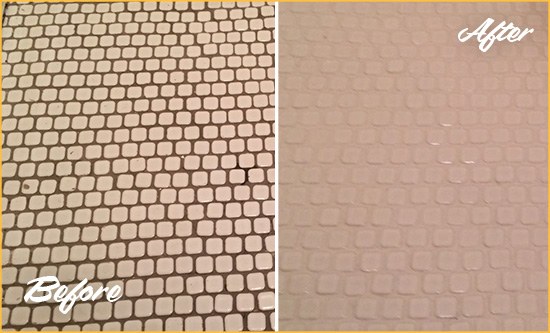 Before and After Picture of a Plainview Hard Surface Restoration Service on a Bathroom Tile Floor Recolored to Fix Grout Color