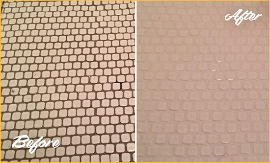 Before and After Picture of a Plandome Heights Hard Surface Restoration Service on a Bathroom Tile Floor Recolored to Fix Grout Color