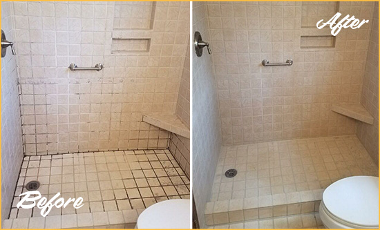 Before and After Picture of a West Hempstead Shower Grout Cleaned to Remove Mold