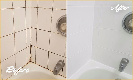 Before and After Picture of a Carle Place Tub Grout Cleaned to Eliminate Mold