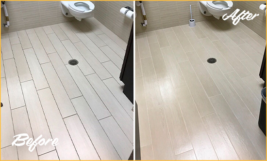 Before and After Picture of a Wantagh Office Restroom's Grout Cleaned to Remove Dirt