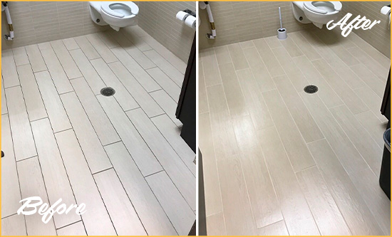 Before and After Picture of a Malverne Office Restroom's Grout Cleaned to Remove Dirt