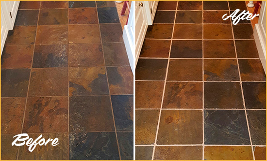 Before and After Picture of Plandome Slate Floor Grout Cleaned to Remove Dirt