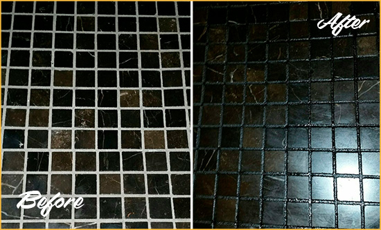 Before and After Picture of a Oyster Bay Cove Black Floor with Recolored Grout