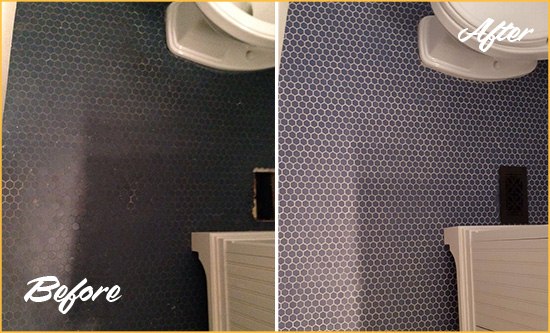 Before and After Picture of a Centre Island Blue Tile Floor Recolored Grout