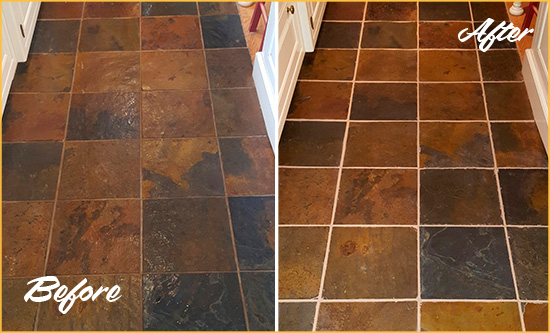 Before and After Picture of a Plainview Slate Floor Recolored Grout