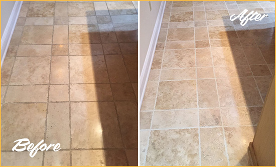 Before and After Picture of a Centre Island Travertine Kitchen Floor Recolored Grout